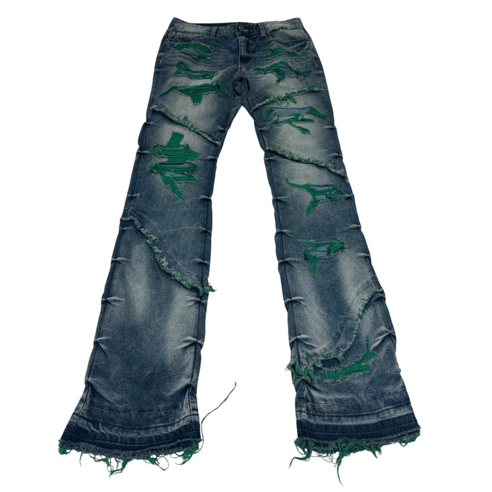 Smoke Rise Jeans Men's 32 Green/Blue Distressed Denim Motorcycle Streetwear ECU
